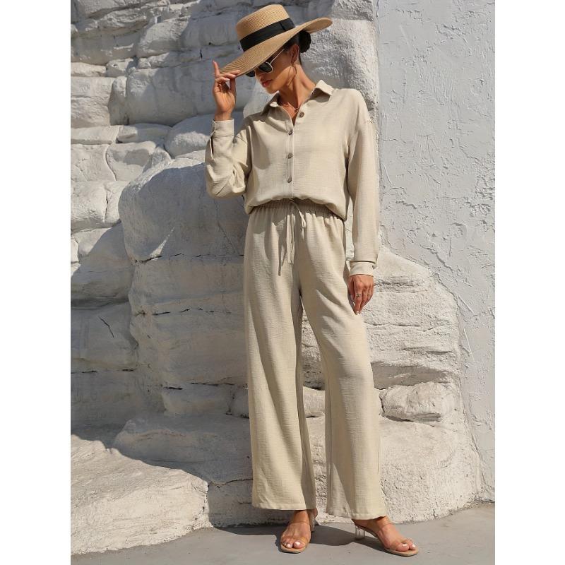 Women's Fashion Solid Color Collar Button Long Sleeve Top Elastic Waist Straight Pants Casual Set