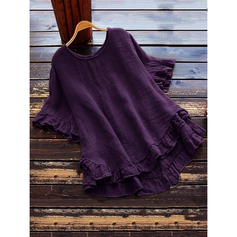 Cross2026 Women's Loose Ruffle Short Sleeve Button-Up Round Neck Shirt
