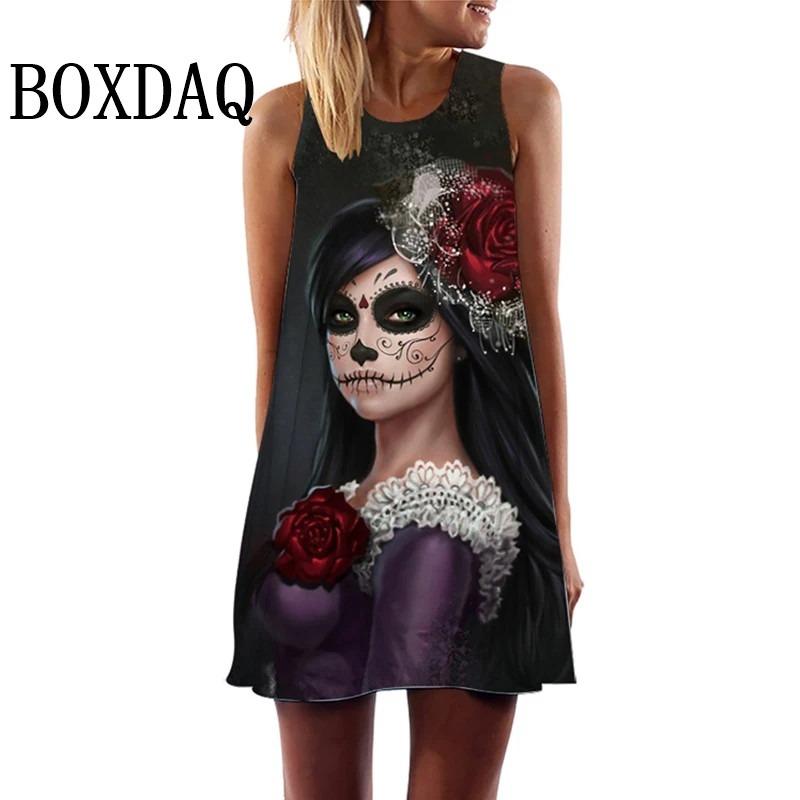 Vintage Skull Face 3D Print Women's Dress Summer Fashion O-Neck Sleeveless Mini Dresses Casual Vest Ladies Punk Streetwear