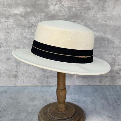 Einfacher Aufnäher, Weiße Wolle, Flacher Zylinderhut, Damenreisen, Eleganter Retro-Zylinderhut mit breiter Krempe lässt Gesicht kleiner erscheinen