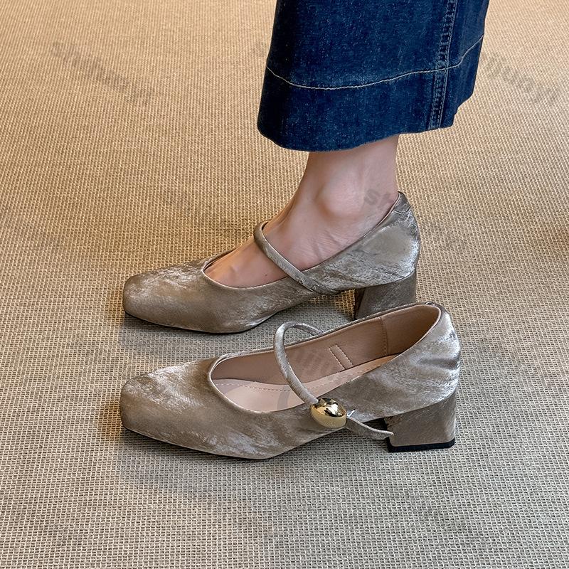 Women's Mary Jane Shoes Summer New Vintage Elegant High Heels Comfortable One Word Buckle Strap Square Toe Casual Shoes