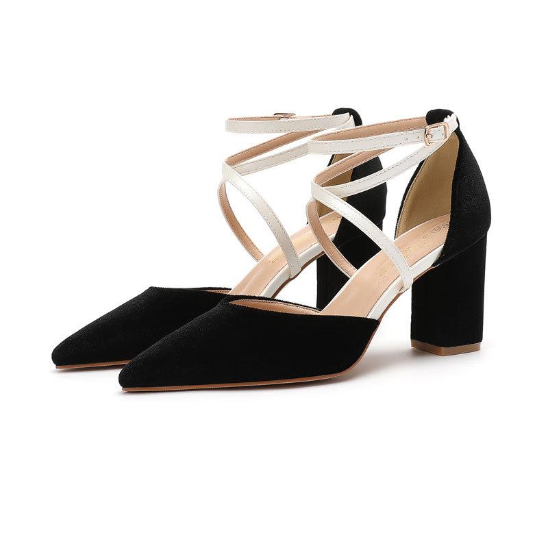 Coarse Heel High Heel Shoes Hong Kong Style Pointed Head Fashion Personality Versatile Golden Velvet Comfortable Niche High Heel Light Mouth Women's