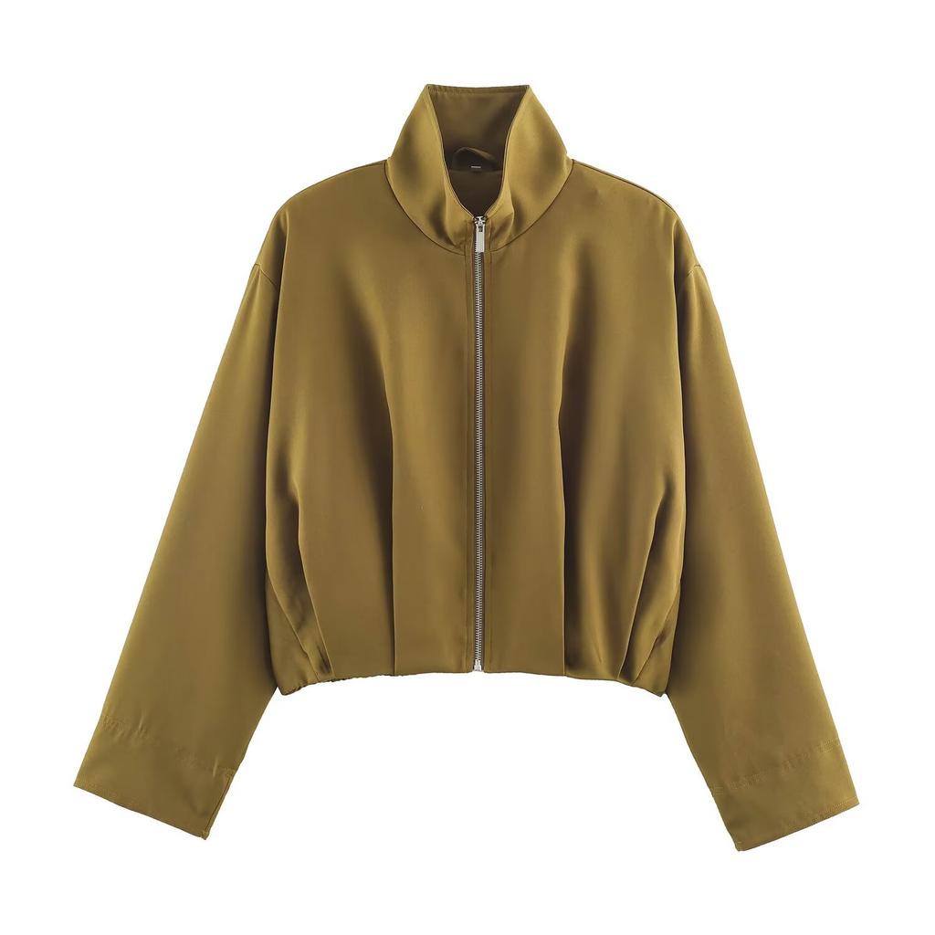 Women High Neck Long Sleeve Zip Pilot Short Jacket