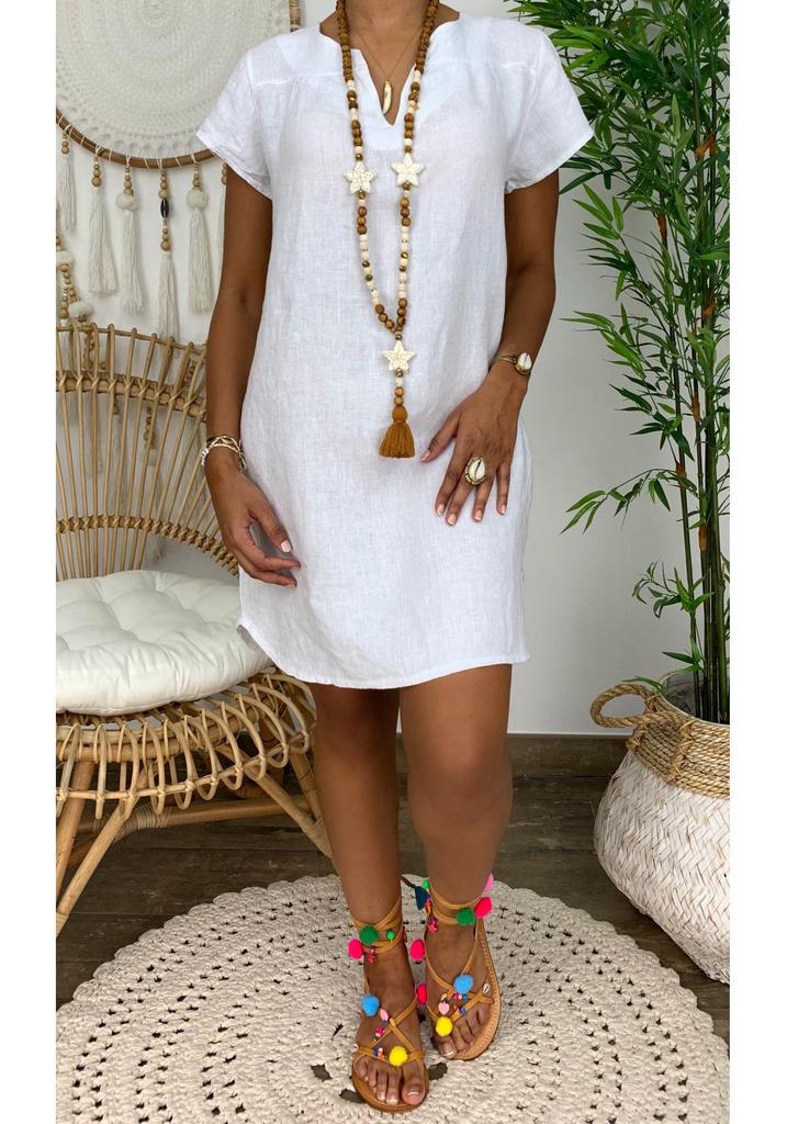 2025 Summer Solid Color V-Neck Cotton Linen Short Sleeve Dress for Women