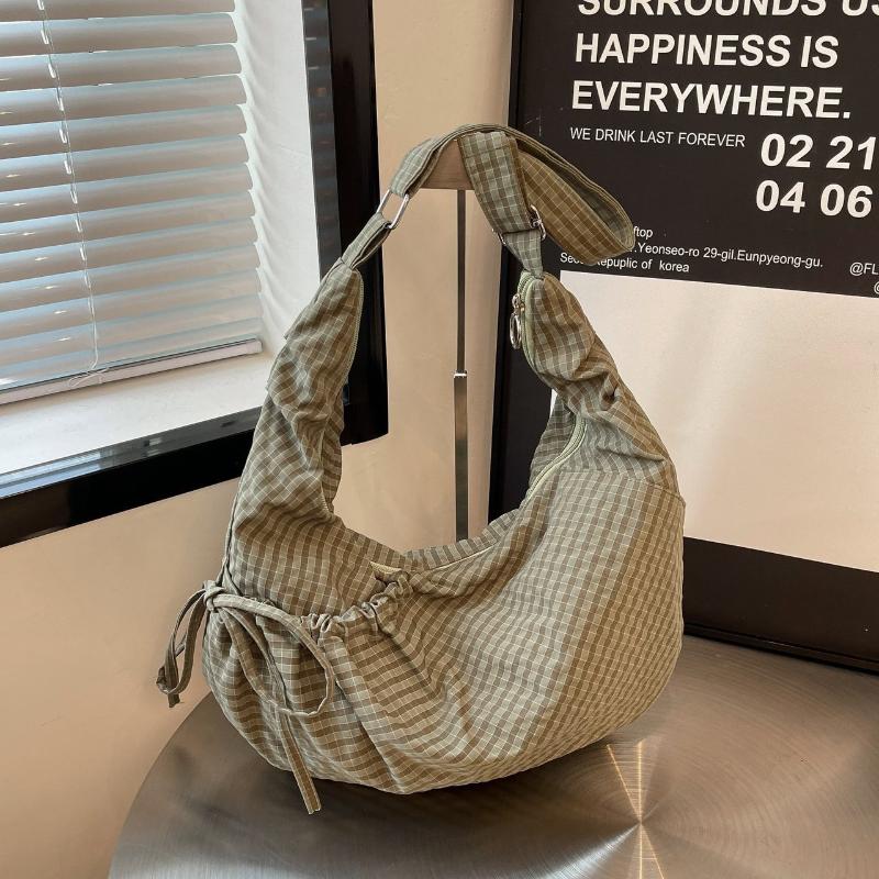 Retro Plaid Hobos Messenger Bags For Women Drawstring Pocket Nylon Dumpling Bag Large Capacity Portable Travel Shoulder Bags