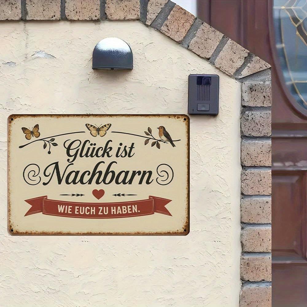 "Glück ist Nachbarn" Metal Sign - 20.32x30.48cm German Friendship Quote with Nature Illustrations
