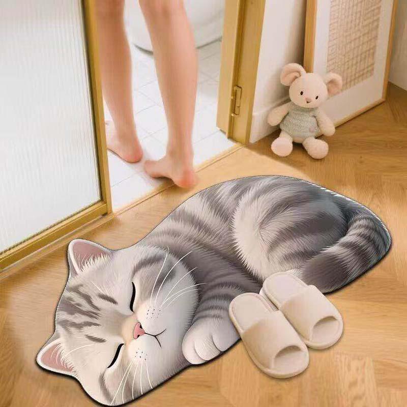 Cartoon Cat Shaped Diatomaceous Earth Bath Mat, Water Absorbent Non Slip Wear Resistant Bathroom Doormat for Toilet Entrance