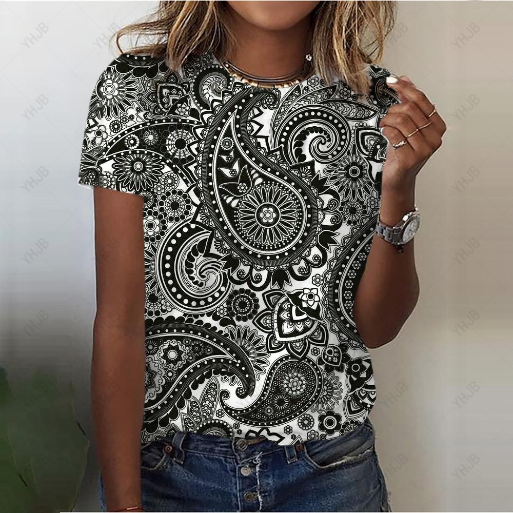 Letni Top z Okrągłym Dekoltem z Nadrukiem 3D w Stylu Vintage Modne Casualowe Damskie T-shirty z Krótkim Rękawem