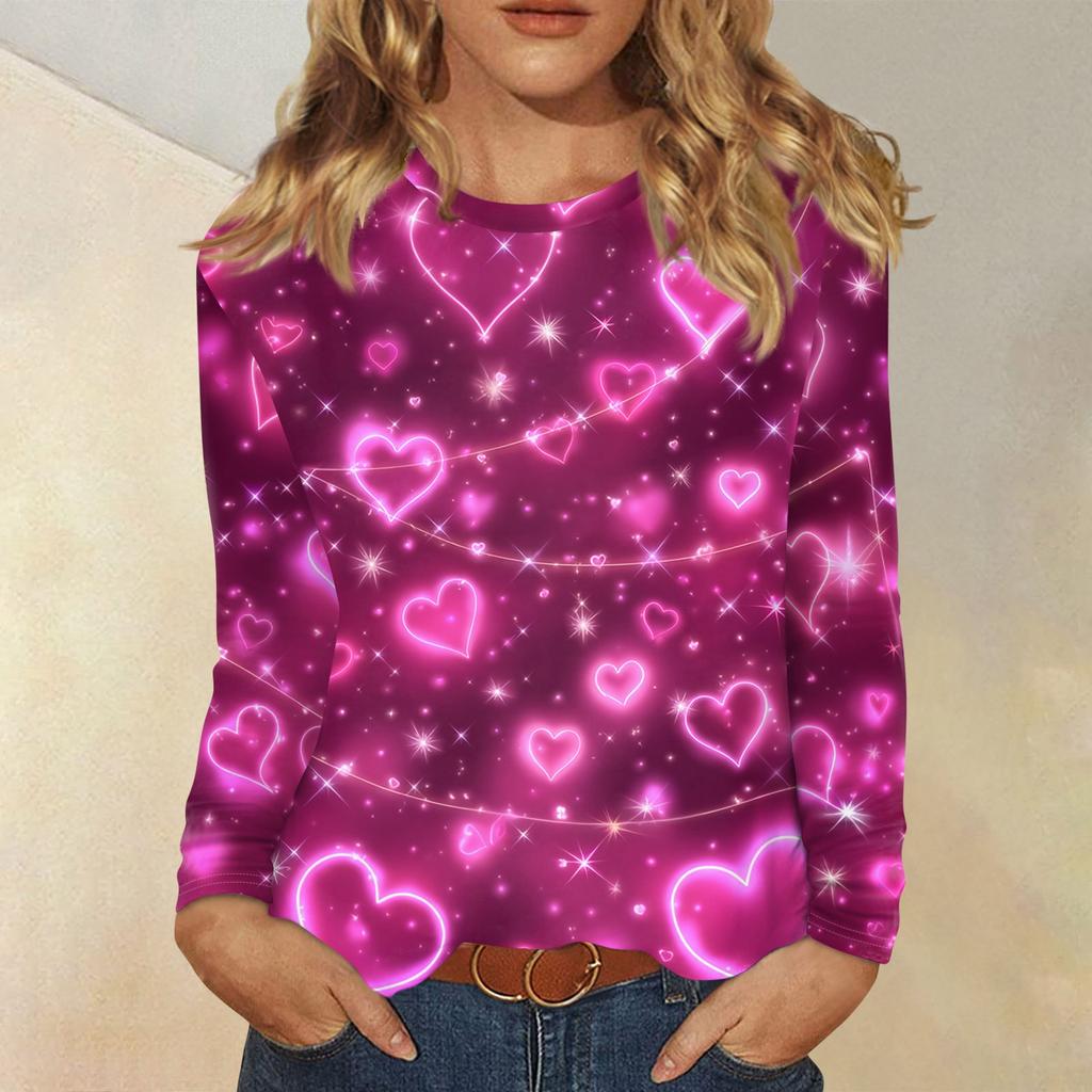 Damen Valentinstag Modisches Herzmuster Rundhals Langarm Pullover Top