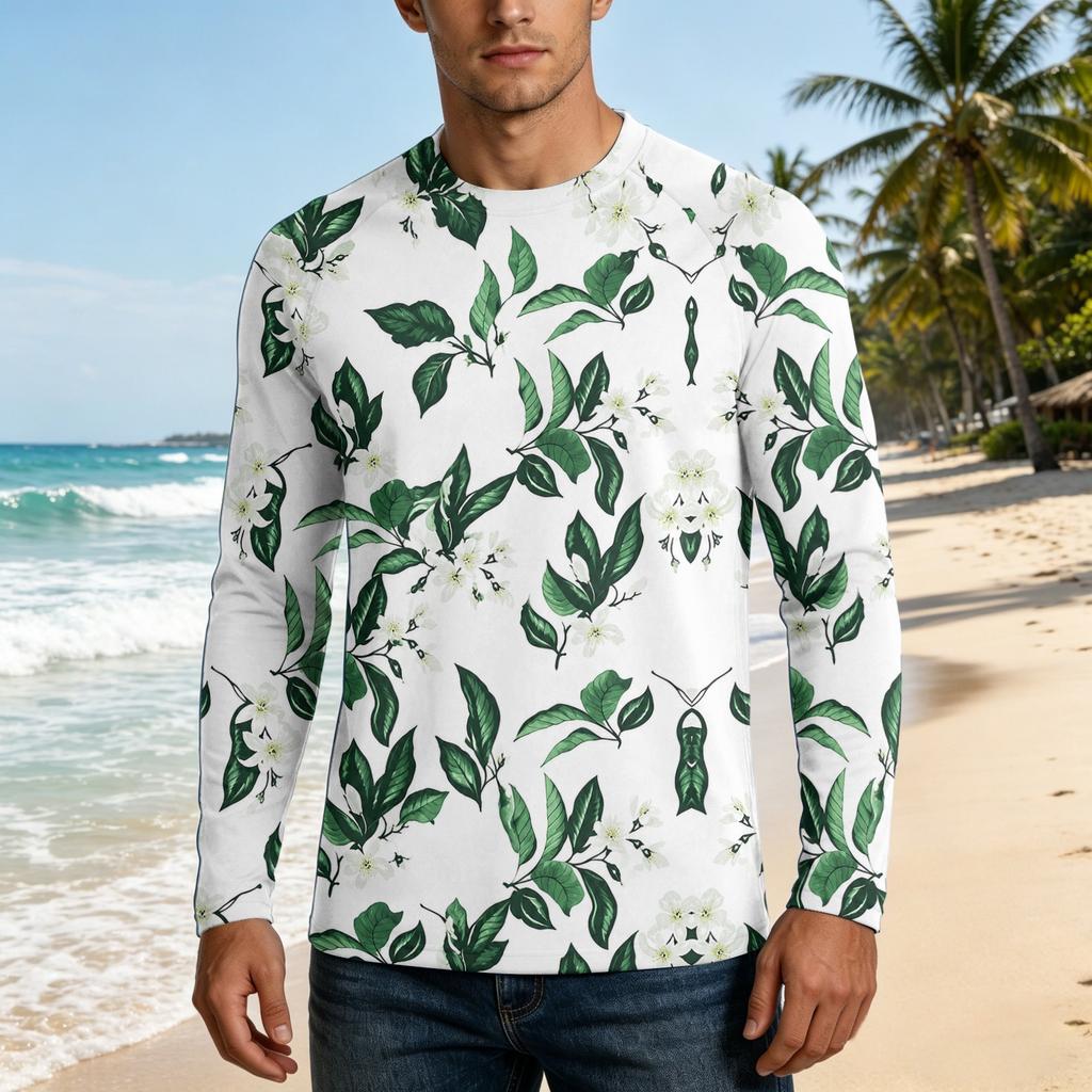 Men Long Sleeve UPF50 Plus Sun Protection Shirt UV Blocking Outdoor Sports Fishing Casual Top Floral Print Lightweight Fabric