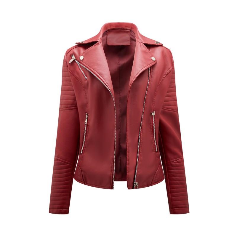 Womens Short Fitted PU Leather Biker Jacket With Asymmetrical Zipper Collar Streetwear Outerwear