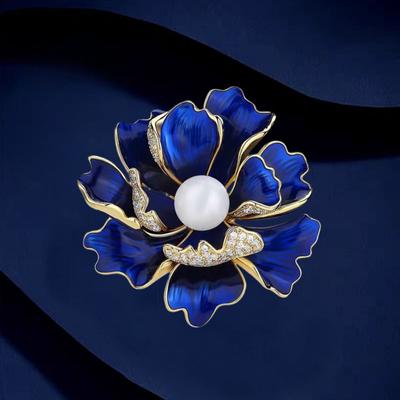 Blaue Emaille-Pfingstrosenbrosche, hochwertige, diamantbesetzte Brosche für Damen, exquisite Anstecknadel, vielseitiges Anzugzubehör
