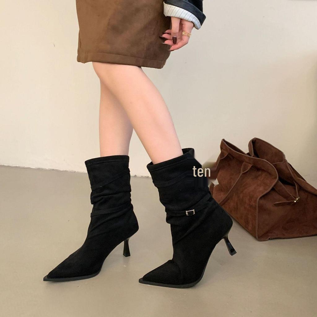 Suede Pointed Toe Stiletto Ankle Boots with Buckle - Women's Mid-Calf Ruched Skinny Heels