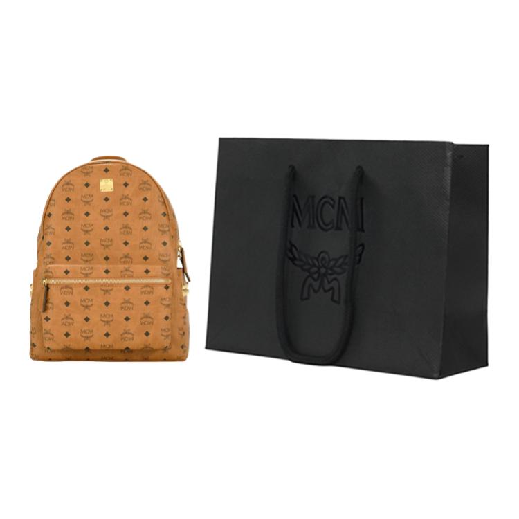 MCM Stark Studded Side Buckle Monogram Napa Leather Trim Backpack Unisex backpack Brown Cognac MMKAAVE09CO001