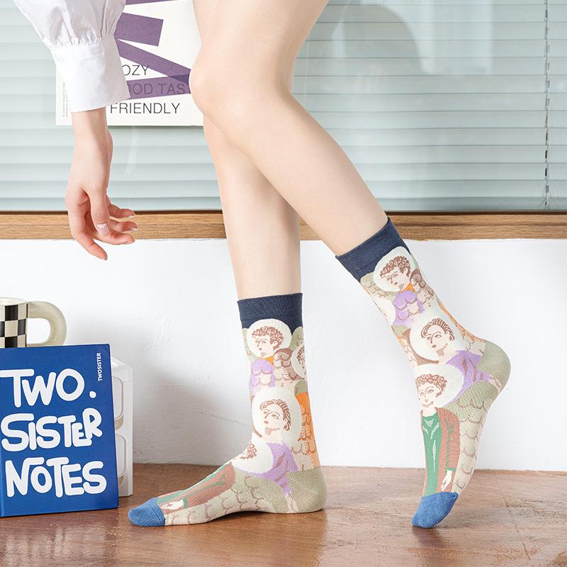 French Retro Abstract Cotton High-Top Mid-Calf Socks for Women - Autumn/Winter Trendy Oil Painting Design
