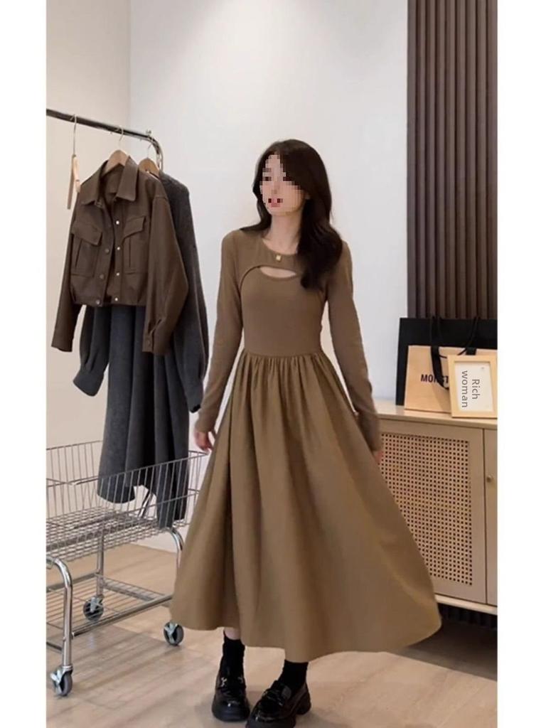 French Style Knit Spliced Long Dress With Hood For Elegant Autumn Women