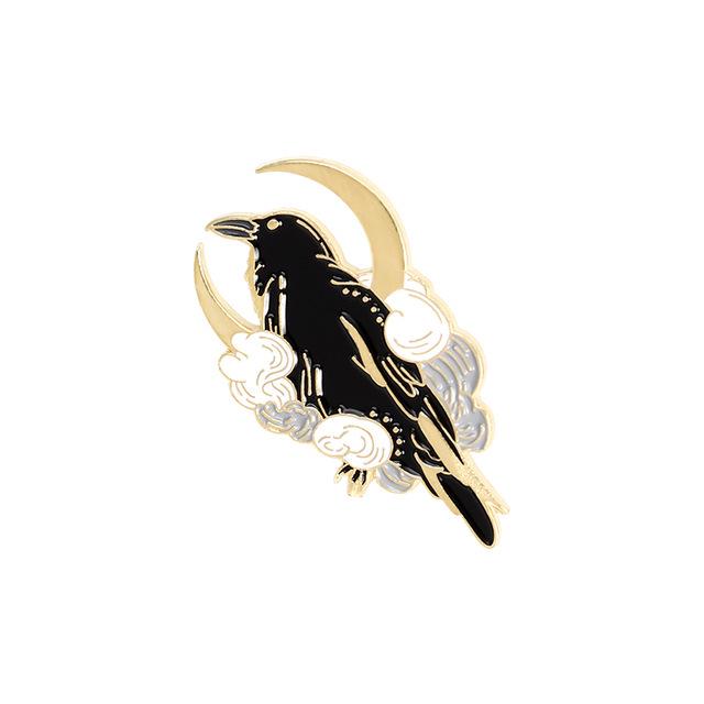 Crescent Ribbon Flower Brooch: Trendy Black Feather Crow Fashion Accessory