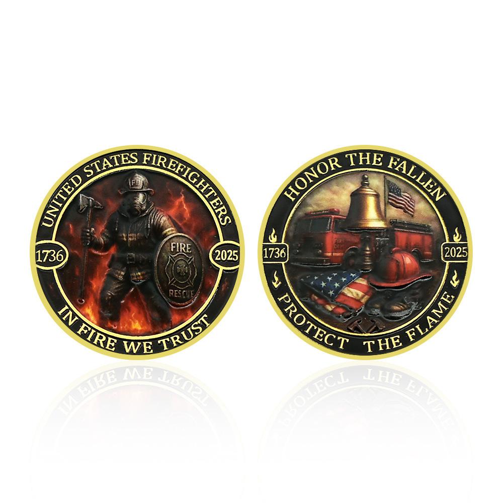 US Fire Brigade Commemorative Coin, Fire-resistant, Gold-plated, Double-sided Color Printed Embossed Metal, Commemorative Medal, Medal