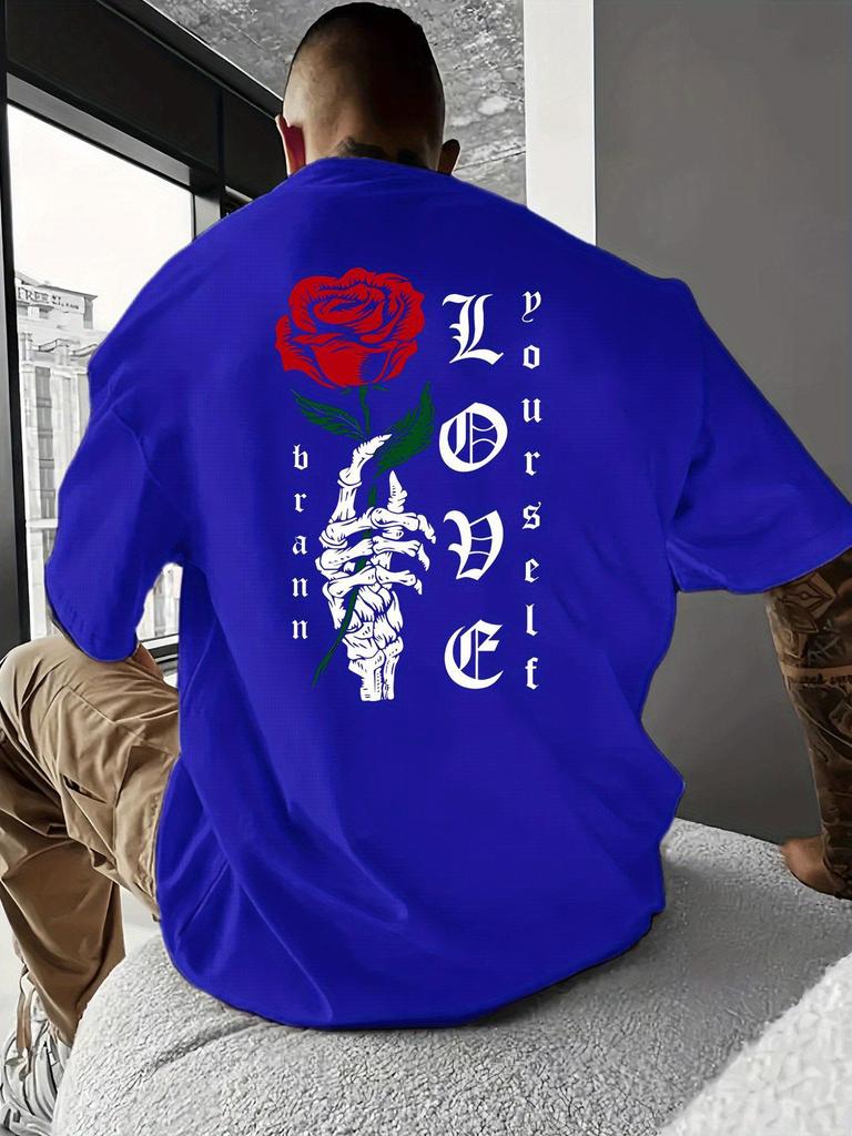 Unisex O Neck Tee Skeleton Hand Red Rose Back Print Cotton Short Sleeve Loose Summer Street Breathable Daily Casual Basic Wear Top
