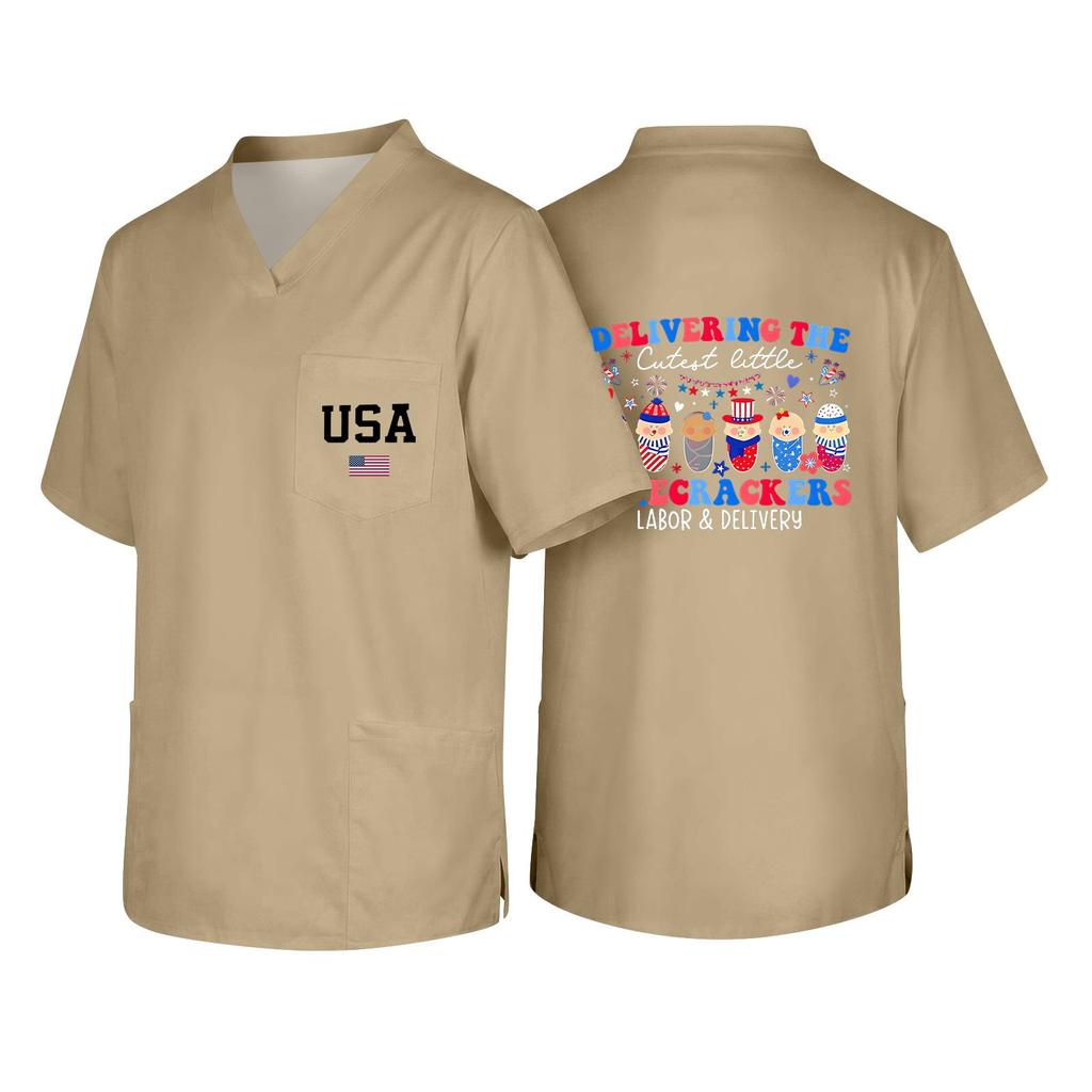 Men's V Neck Work Shirt Short Sleeve Pocket Top with USA Print Suitable for Healthcare and Labor Day Uniforms