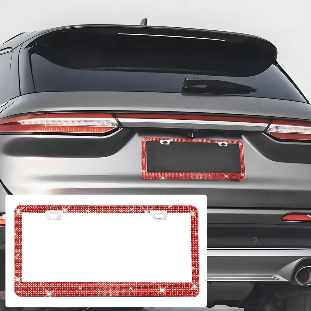 2PCS Bling Car License Plate Frame, Stainless Steel Rhinestone Vehicle License Plate Cover with Screws Caps, Sparkly Automotive Decoration