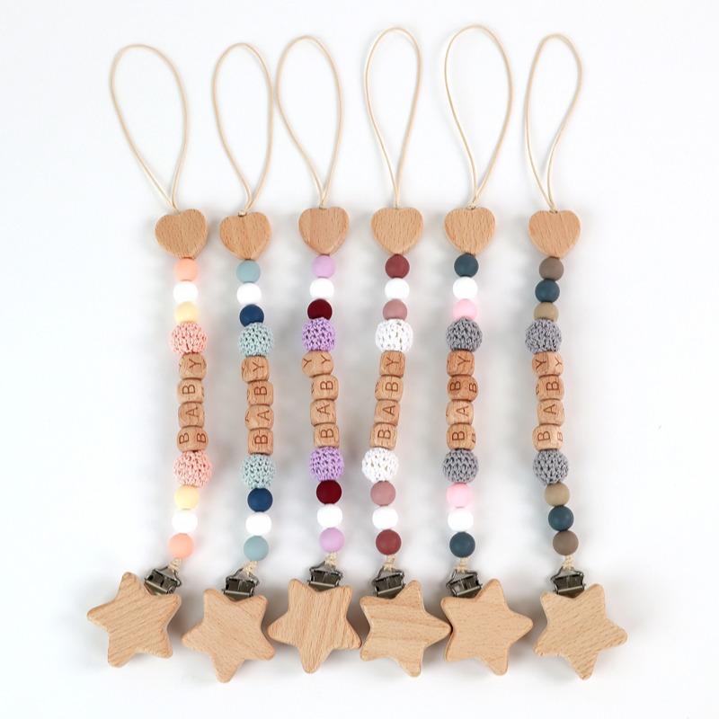 1PC Baby Pacifier Clip Catena Stelle Amore Legno Sicuro Dentiere Catene Succhietto Masticare Giocattoli Dentizione Dummy Nipple Holder
