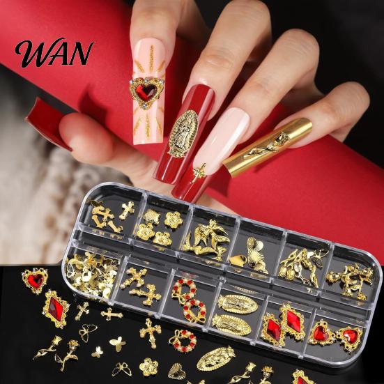 Metal Nail Charms 1 Set 3D Art 12 Grids Love Heart Charm Kit Flower Butterfly DIY Design Crafting Manicure Decoration Accessories Embellishments