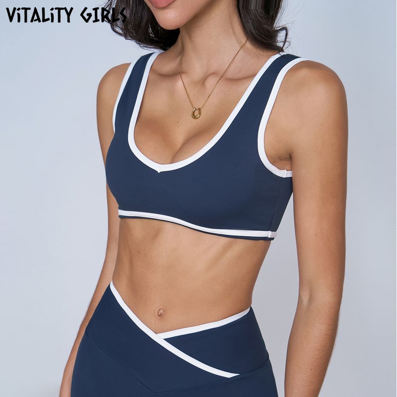 

Vitality Girls European and American Contrast Color Yoga Sports Underwear Sexy Shock Relief Wide Shoulder Strap Fitness Bra Outer Wear Deep sea blue S