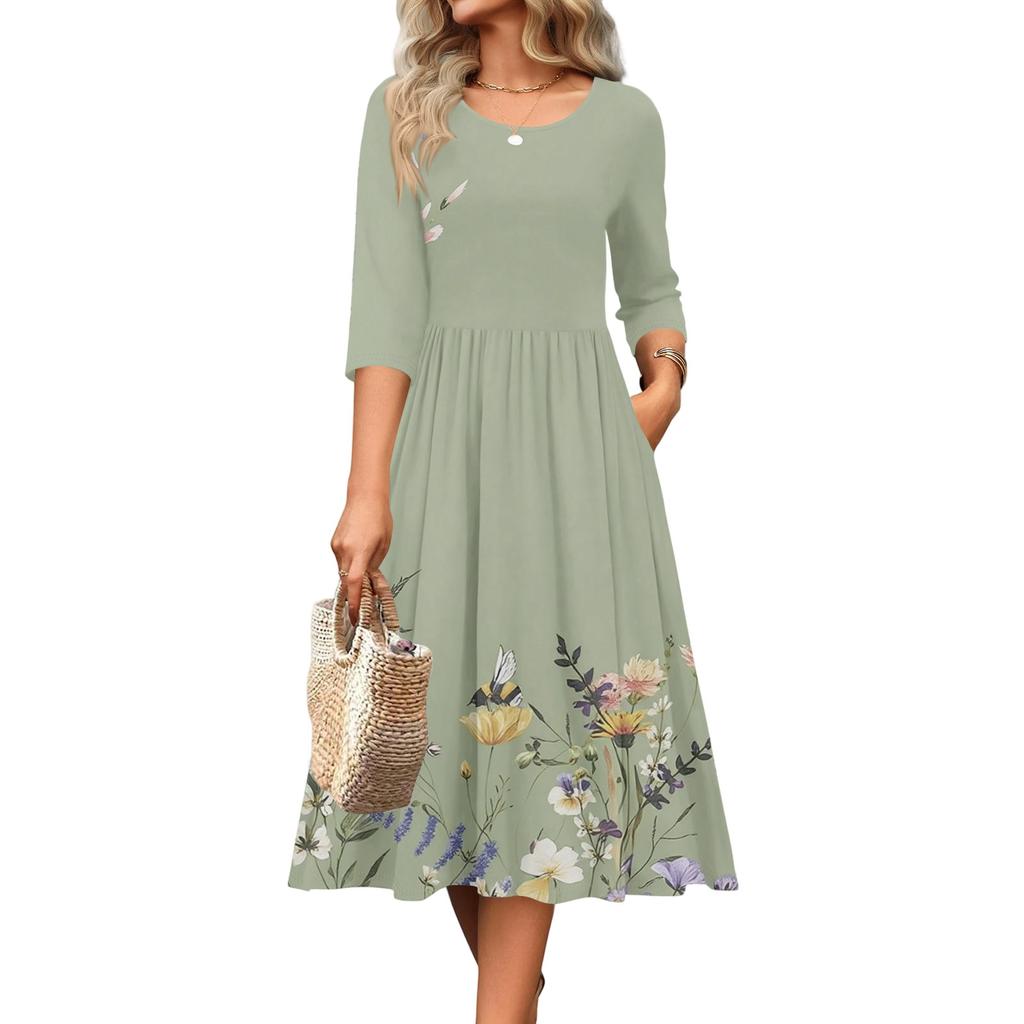 Rochie de damă cu mâneci 3/4, casual, fluidă, în A, midi, tip tricou, cu buzunare, cu gât rotund, pentru vacanță, boho, de plajă, de vară