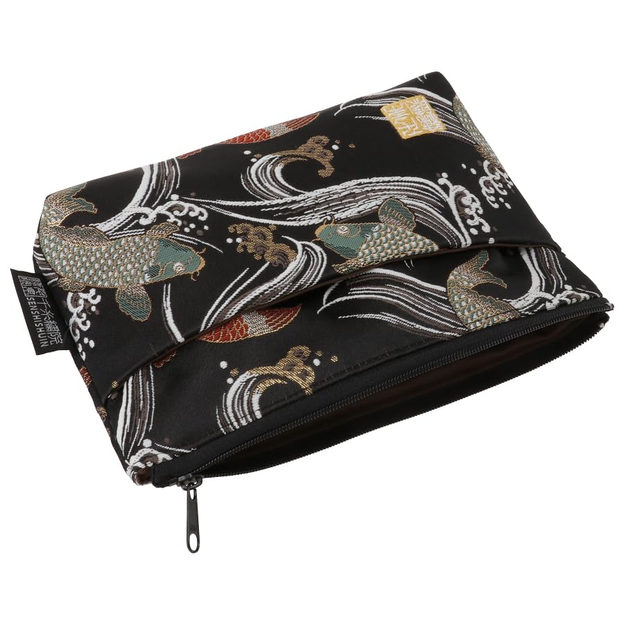 Senshishuin Nishijin Brocade Pouch with Black Swimming Carp Design (Lined) (Small)