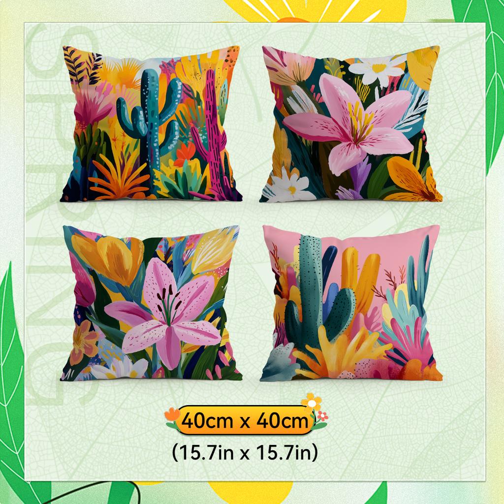 Vibrant Flowers And Cacti Cushions Pillowcase Polyester Cushion Cover Throw Pillow Pillowcover Home Car Sofa Decor