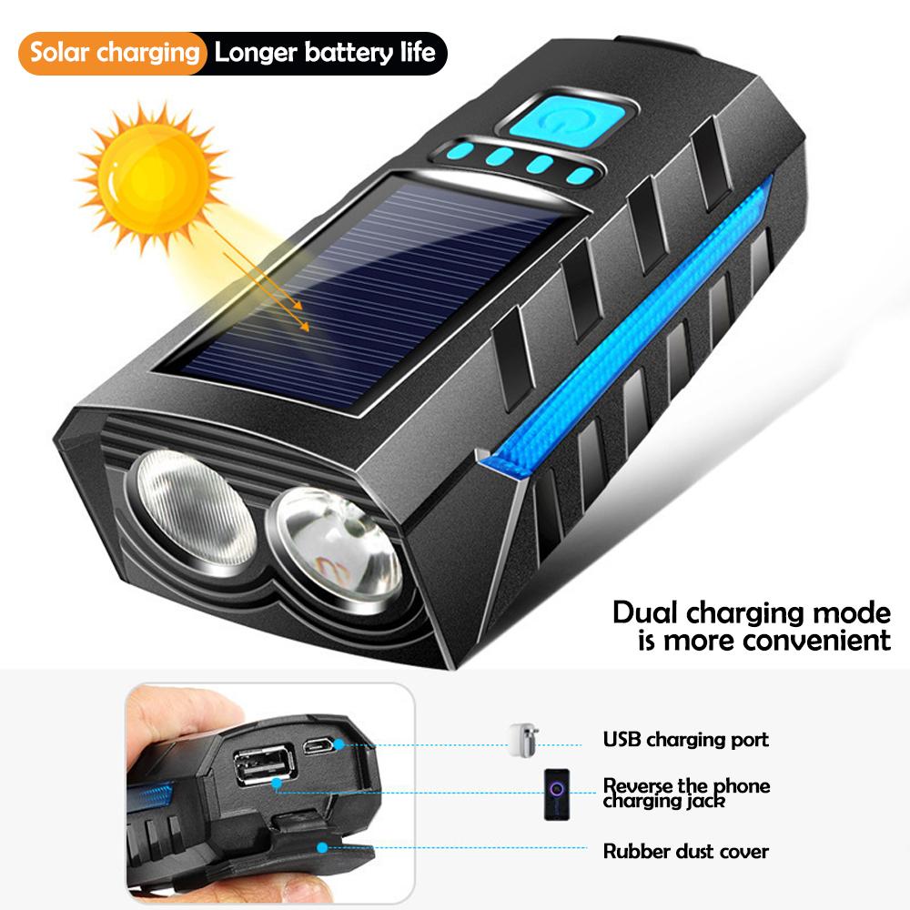 Bicycle Headlight with Horn 130DB Horn Solar Charging Ultralight Bike Headlight MTB Road Bike Front Lamp Flashlight Bike Light