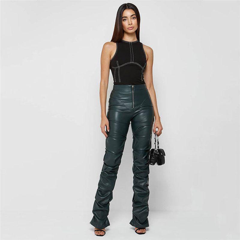 

Women s Clothing European and American Fashion Tight-Fitting Pu Leather Pants Personalized Pleated Flared Pants for Women New Style for All Seasons Dark green M