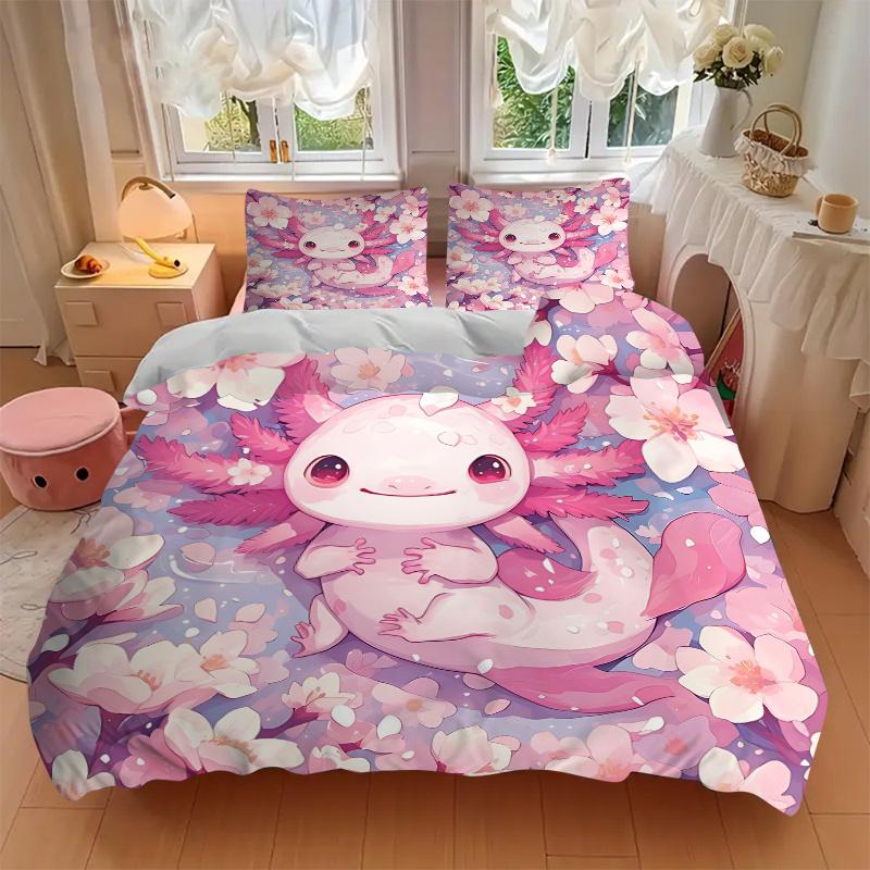 3pcs Axolotl & Pink Flower Bedding Set - Includes 1 Quilt Cover and 2 Pillowcases, Comfortable Bedding with Stylish Design for Bedroom, Mach