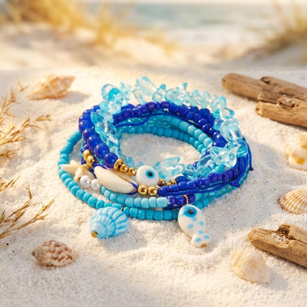 Bohemian Fish Shell Starfish Elastic Beaded Bracelet Set for Women Delicate Imitation Pearl Chain Bracelet Ocean Jewelry Gift