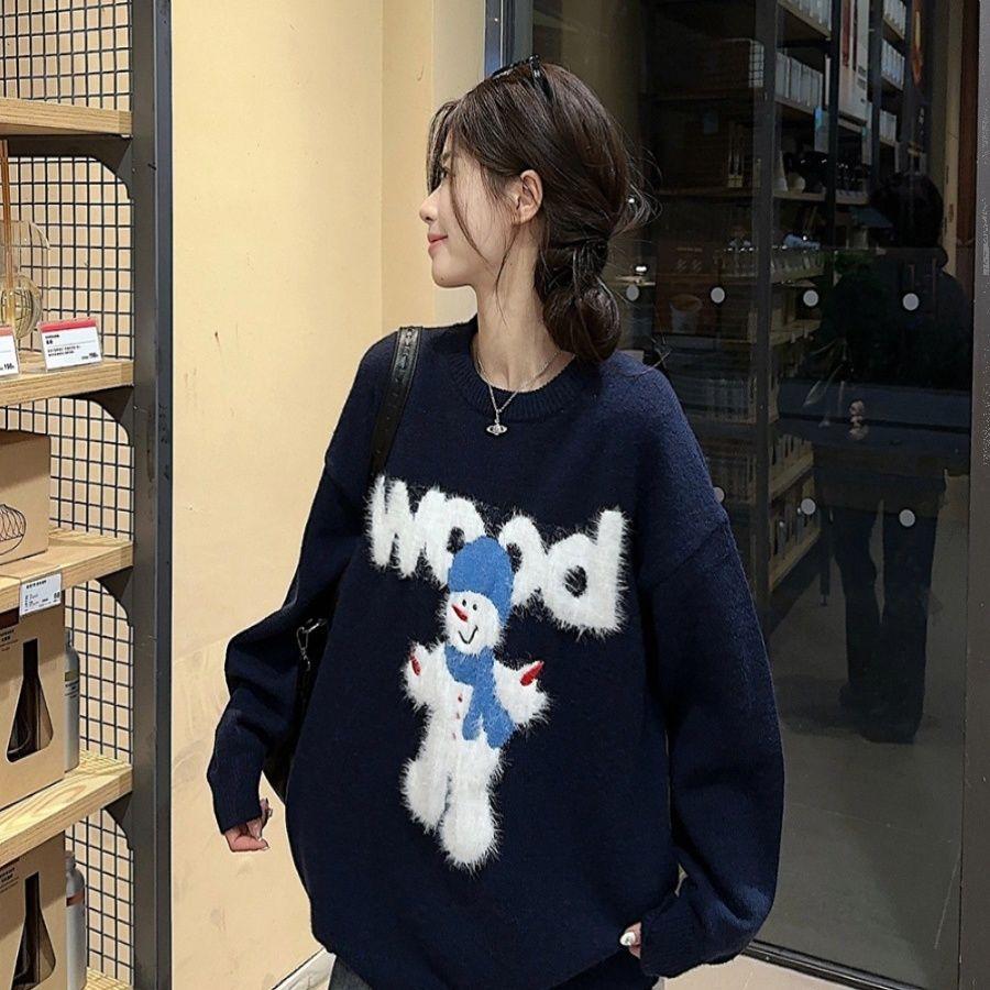 

Милый женский вязаный свитер со снеговиком Пуловер с длинными рукавами и круглым вырезом Осенняя новинка, свободный женский трендовый топ one size