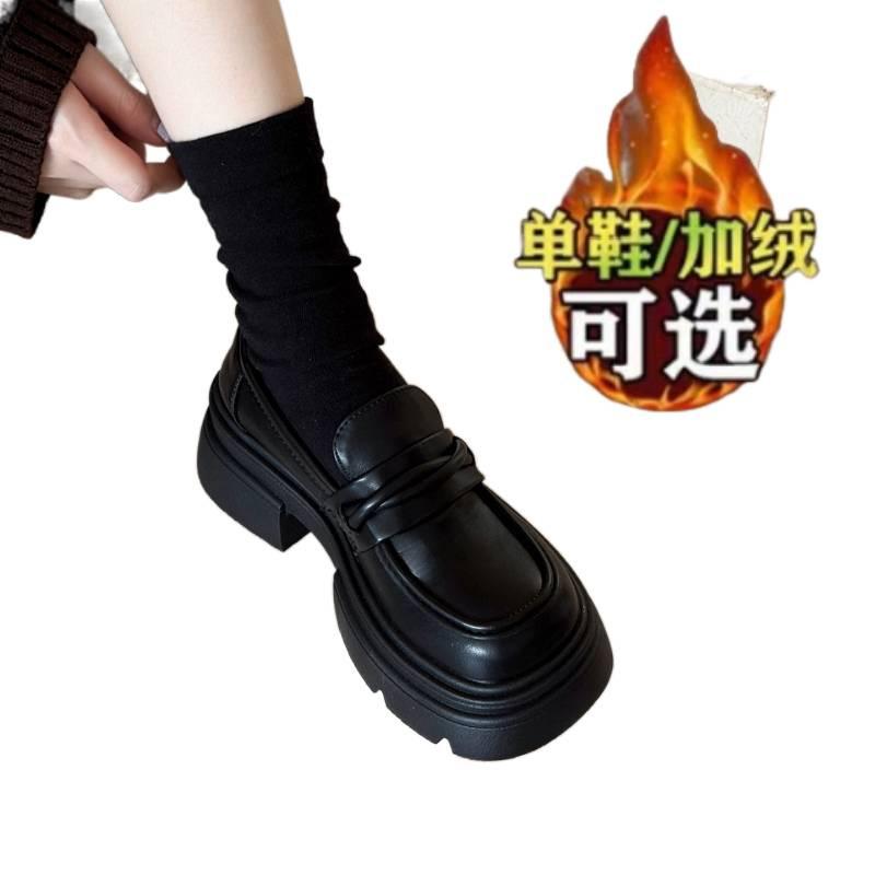 Black velvet autumn and winter British style thick-soled small leather shoes, warm cotton shoes size