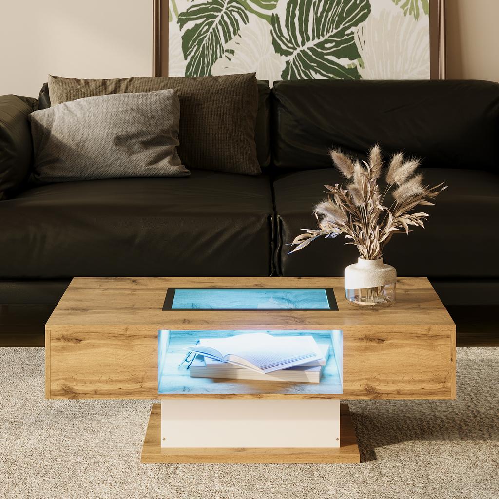 Coffee table, living room table with color-changing LED light, with glass, side table with two drawers