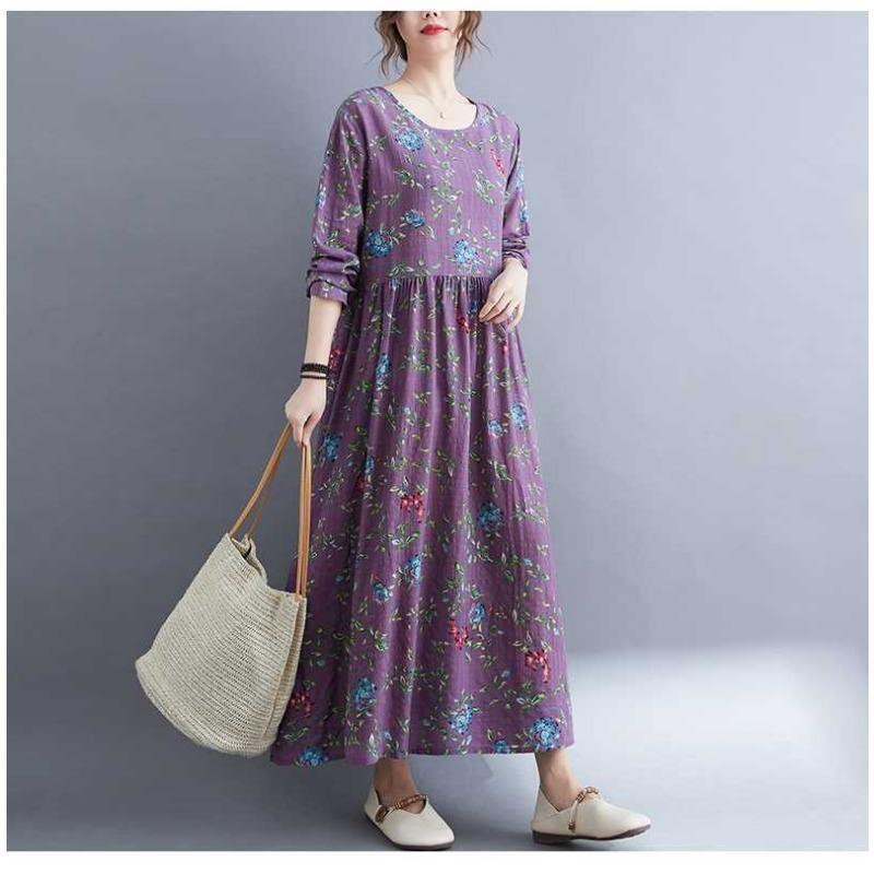 New Literary Plus Size Printed Long Sleeve Ethnic Style Dresses