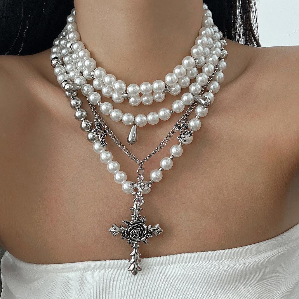 Hip Hop Punk Rose Flower Cross Necklace, Vintage Water Drop Pearl Beaded Necklace Set