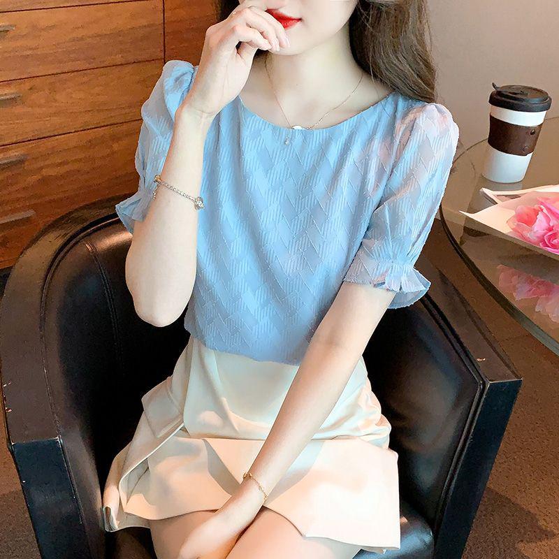 Summer 2023 Women's Western-Style Chiffon Blouse - Short Sleeve, Elegant, Age-Defying Top