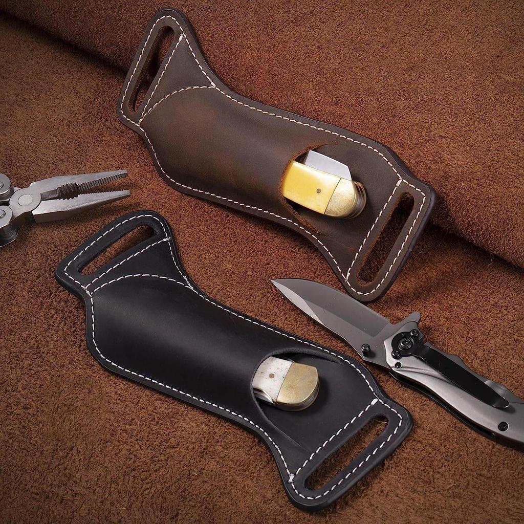 Outdoor Folding Knife Leather Sheath - Waist Hanging Holder for Small Knives