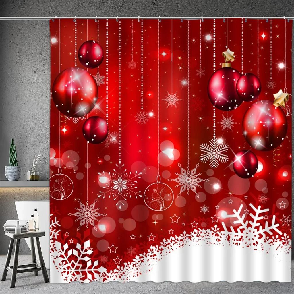 Christmas Shower Curtain, Winter Snowman Santa Claus Snowflake Gnome Farm Truck Berry Christmas Tree Cartoon Bathroom Decorati