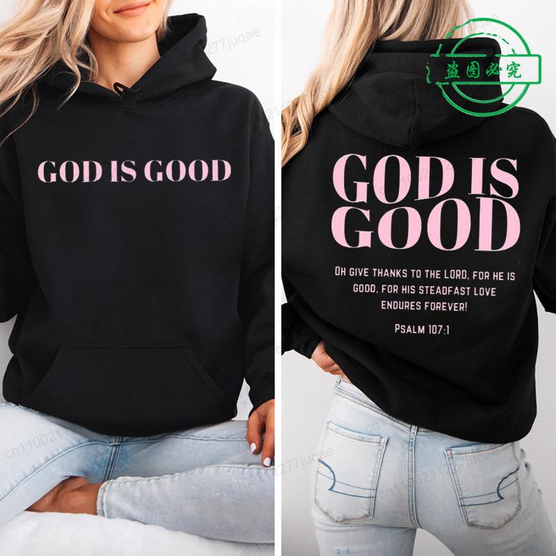 Autumn Fleece Hoodie Pink God Is Good Christian Hoodie Bible Verse Sweatshirts Long Sleeve Tops Jesus Aesthetic Hoodies