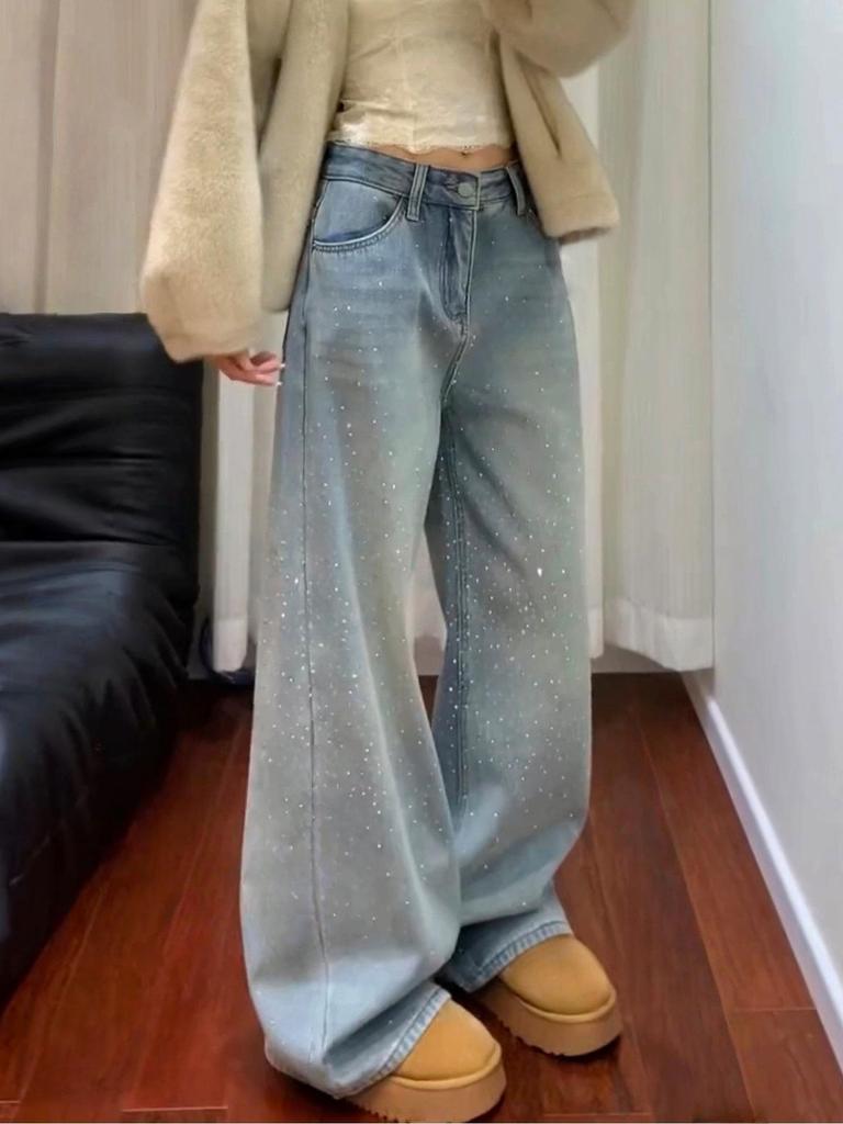 Spring Starry Rhinestone Sparkle Wide-Leg Jeans - Women's Loose-Fit Slimming Pants