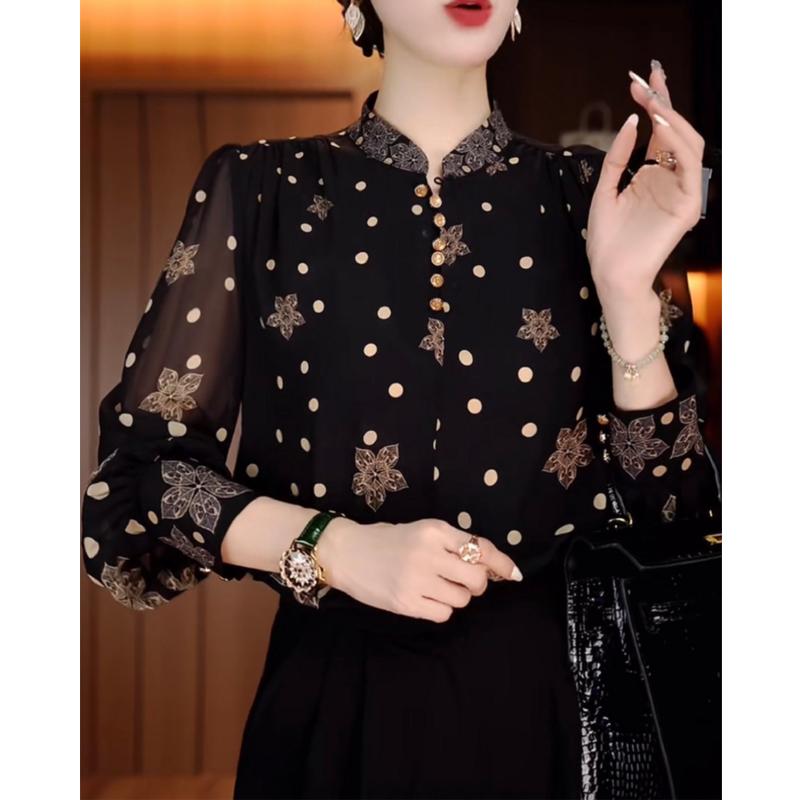 Women Fashion Polka Dot Print Blouse Office Lady Vintage Elegant Commute Button Shirt Stand Collar Long Sleeve Loose Tops