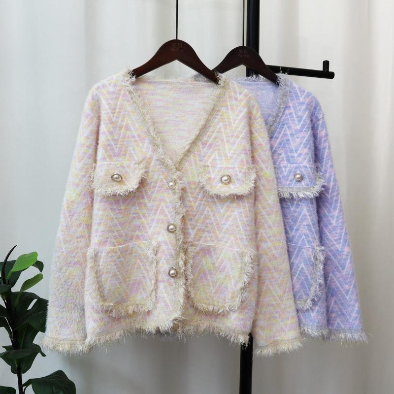 Imitation Mink Velvet Knitted Cardigan Women's Autumn and Winter Loose Retro Niche Sweater Jacket Retro Style