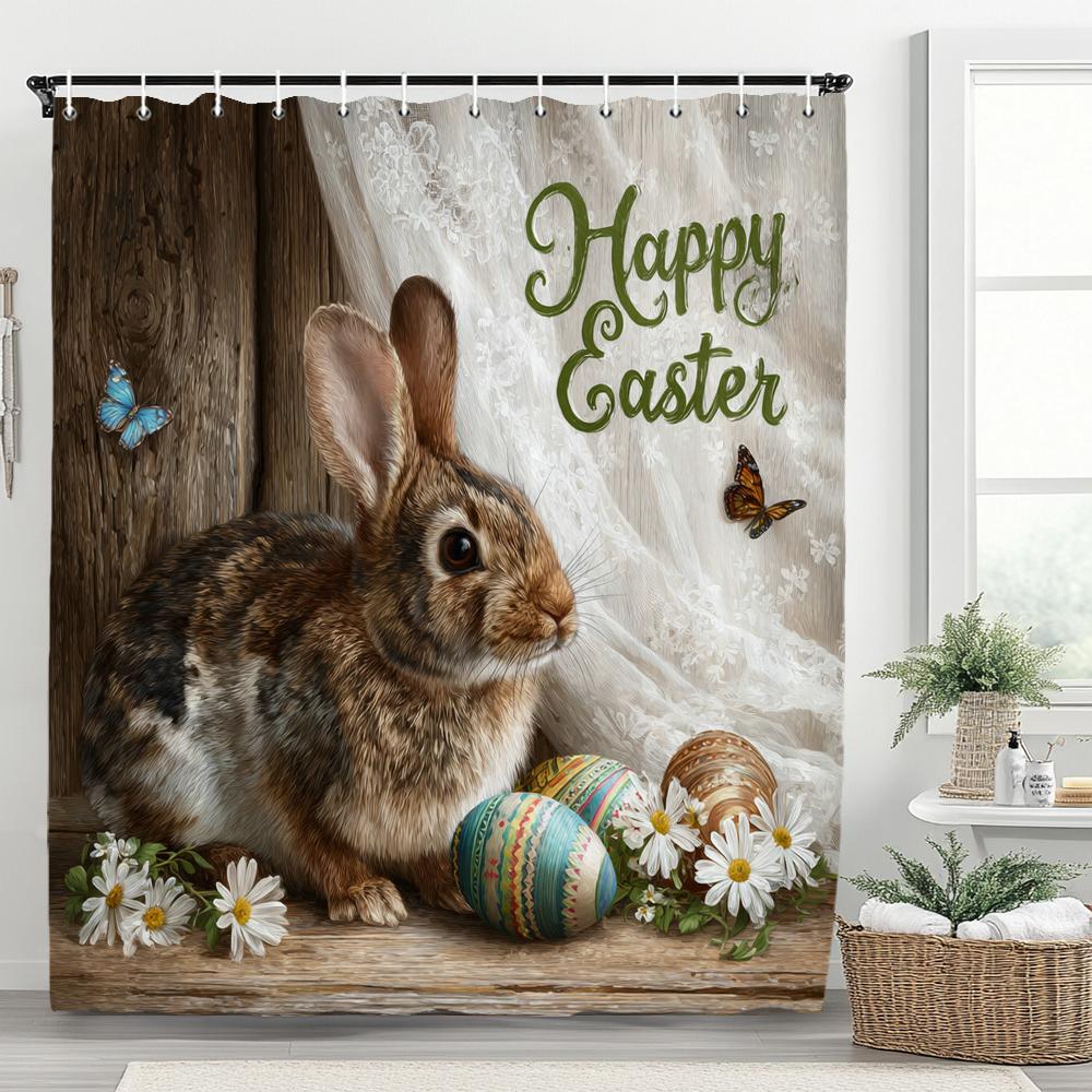Happy Easter Shower Curtain,Egg and Rabbit Cartoon Printed Polyester Fabric Decorative Bathroom Curtain, Home Curtain with Hooks