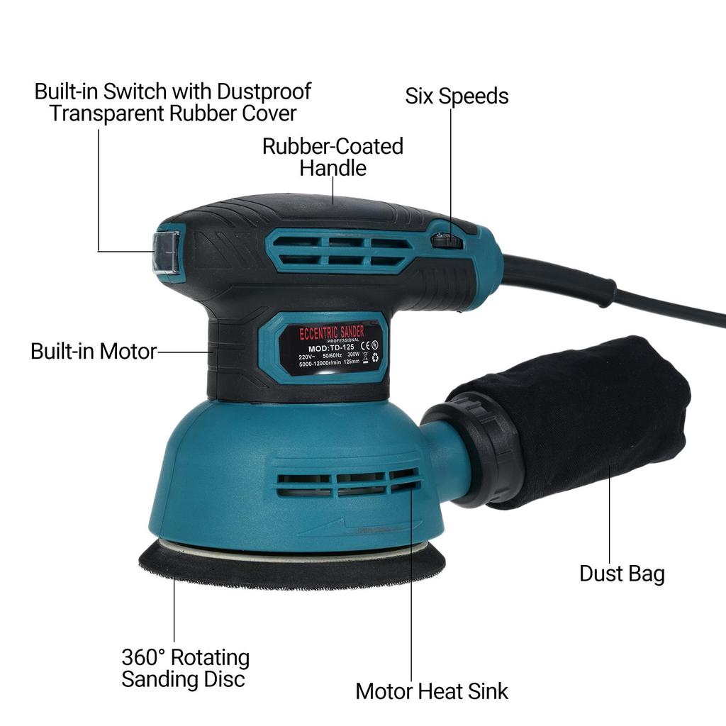 5-calowa szlifierka mimośrodowa z 15 papierami ściernymi 12000 obr./min 6 zmienna prędkość szlifierki wysoka