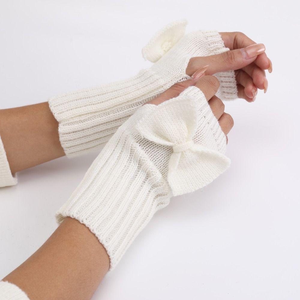 Thick Warm Bowknot Knitted Gloves Soft Half Finger Gloves Cute Arm Warmers  Women Girls